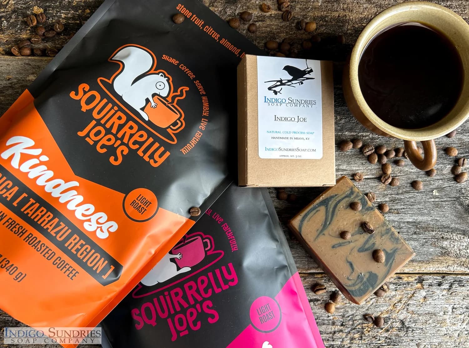 Indigo Joe coffee soap, made with Squirrelly Joe's Coffee